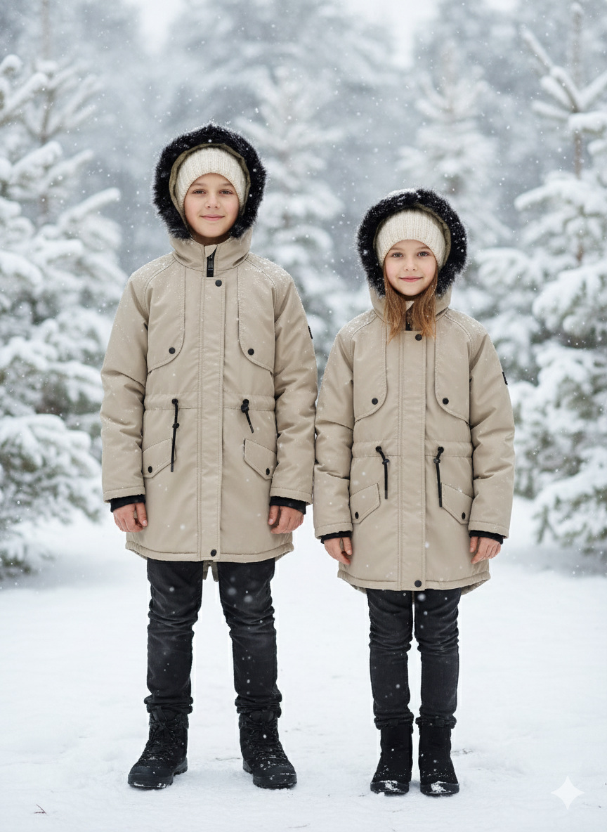 Mit Fell gefütterte Winter-Parka-Jacke für Kinder 5138 - Beige