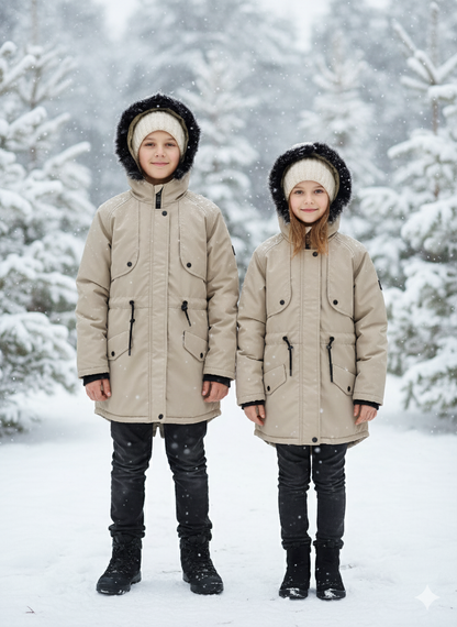 Mit Fell gefütterte Winter-Parka-Jacke für Kinder 5138 - Beige