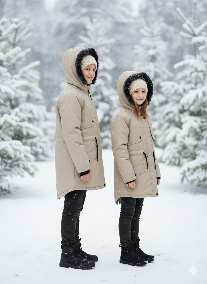 Mit Fell gefütterte Winter-Parka-Jacke für Kinder 5138 - Beige