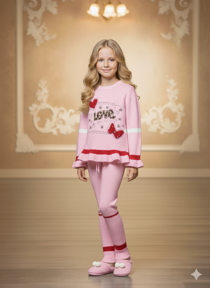 Mädchen Winter Strickset mit Pailletten 3107 - Rosa