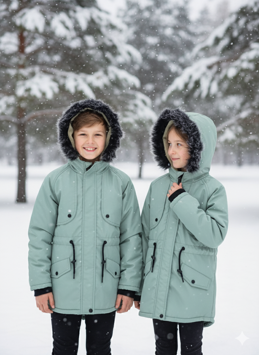 Mit Fell gefütterte Winter-Parka-Jacke für Kinder 5138 - Mint