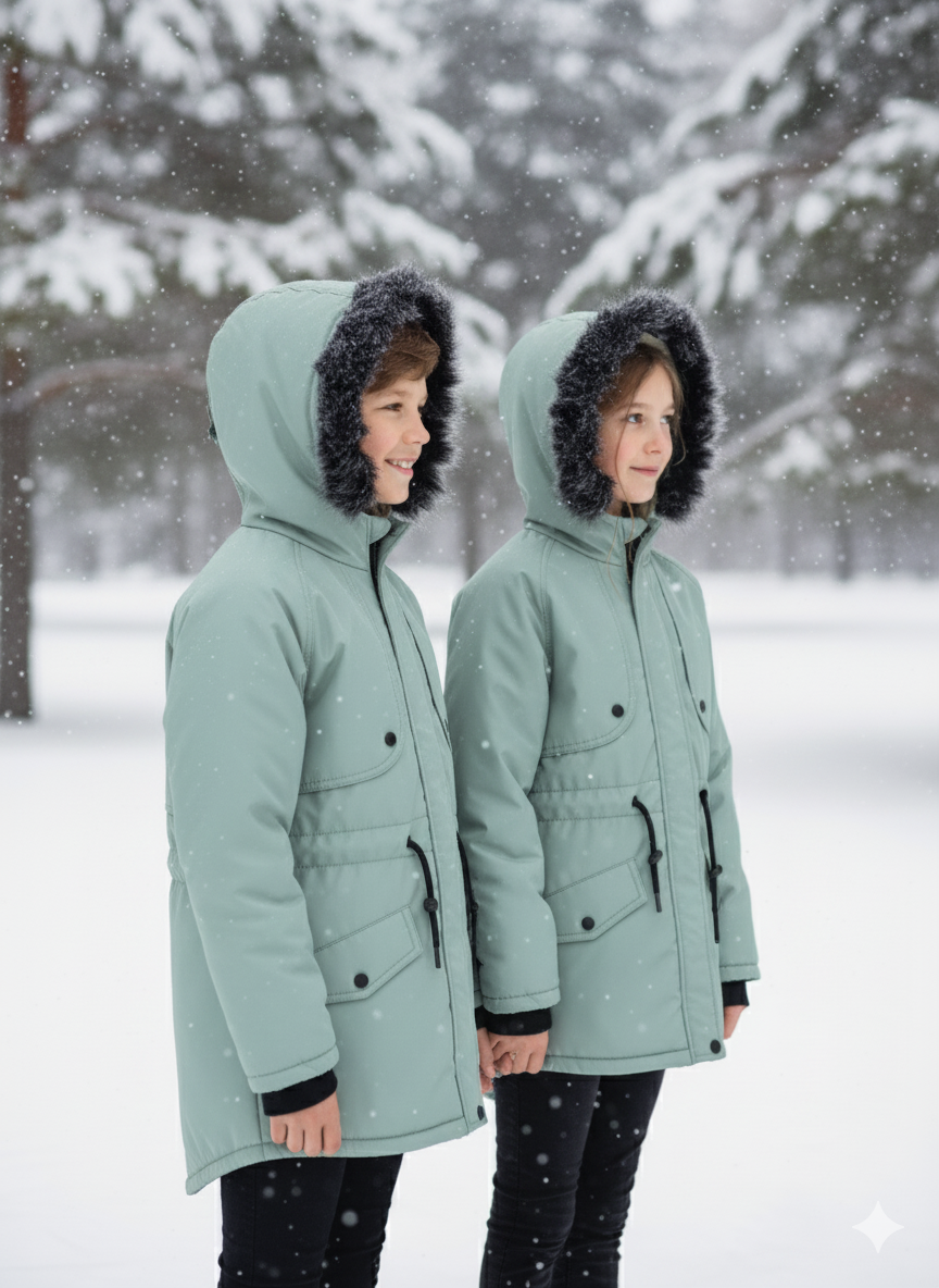 Mit Fell gefütterte Winter-Parka-Jacke für Kinder 5138 - Mint