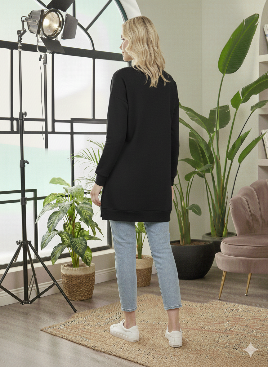 Langes Baumwoll-Sweatshirt mit trendigem Print 106 - Schwarz