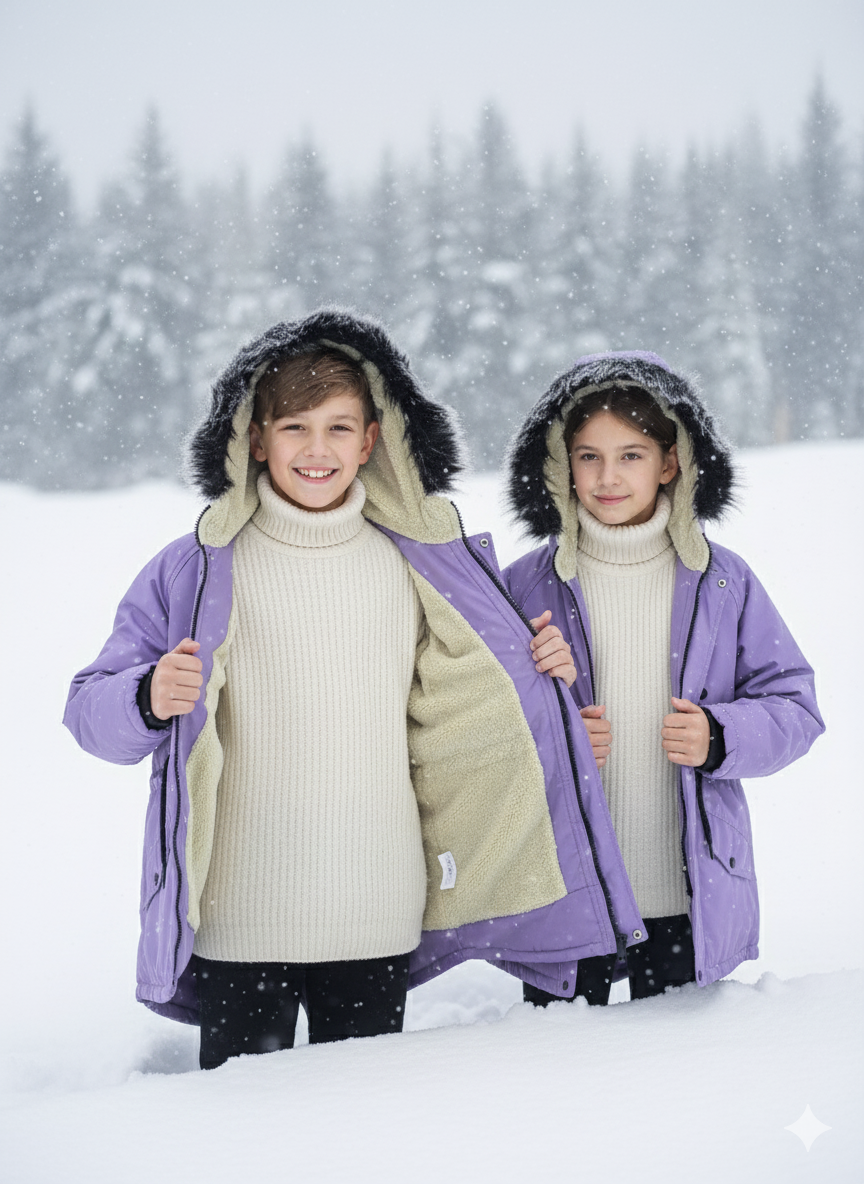 Mit Fell gefütterte Winter-Parka-Jacke für Kinder 5138 - Lila