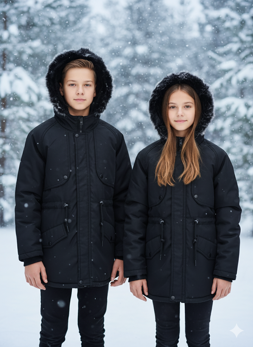 Mit Fell gefütterte Winter-Parka-Jacke für Kinder 5138 - Schwarz