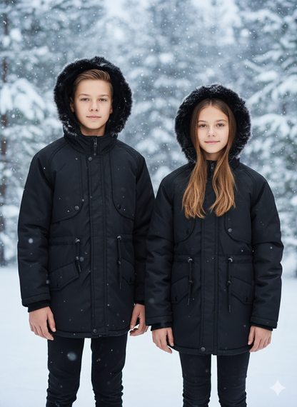 Mit Fell gefütterte Winter-Parka-Jacke für Kinder 5138 - Schwarz
