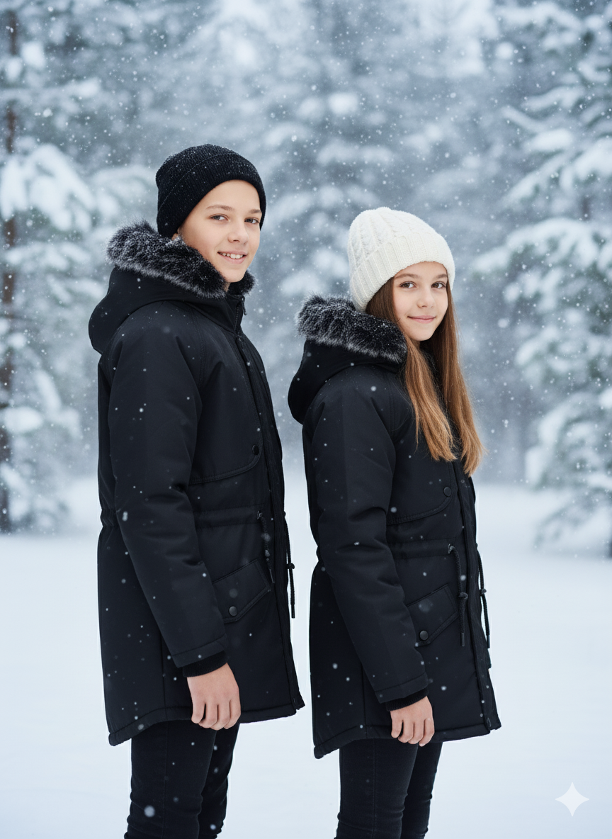 Mit Fell gefütterte Winter-Parka-Jacke für Kinder 5138 - Schwarz