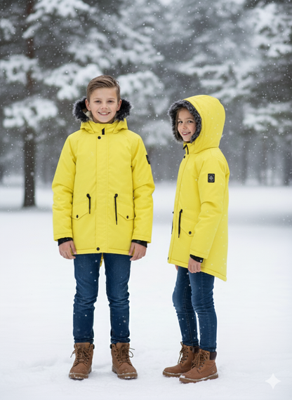 Mit Fell gefütterte Winter-Parka-Jacke für Kinder 5138 - Gelb