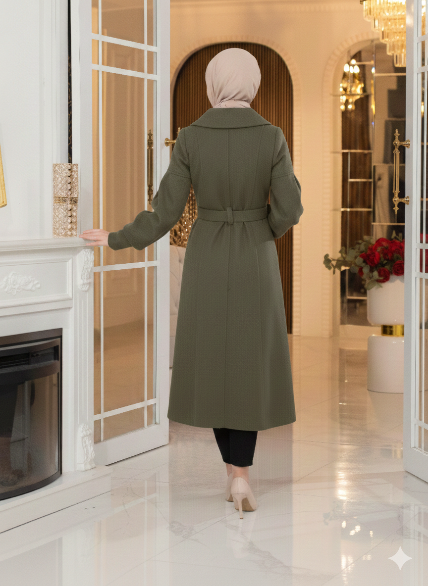 Winter-Trenchcoat mit Fellfutter, Knöpfen und Puffärmeln 1378 - Khaki