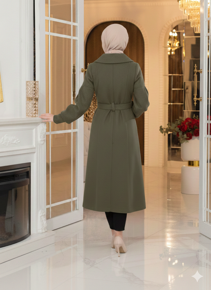 Winter-Trenchcoat mit Fellfutter, Knöpfen und Puffärmeln 1378 - Khaki