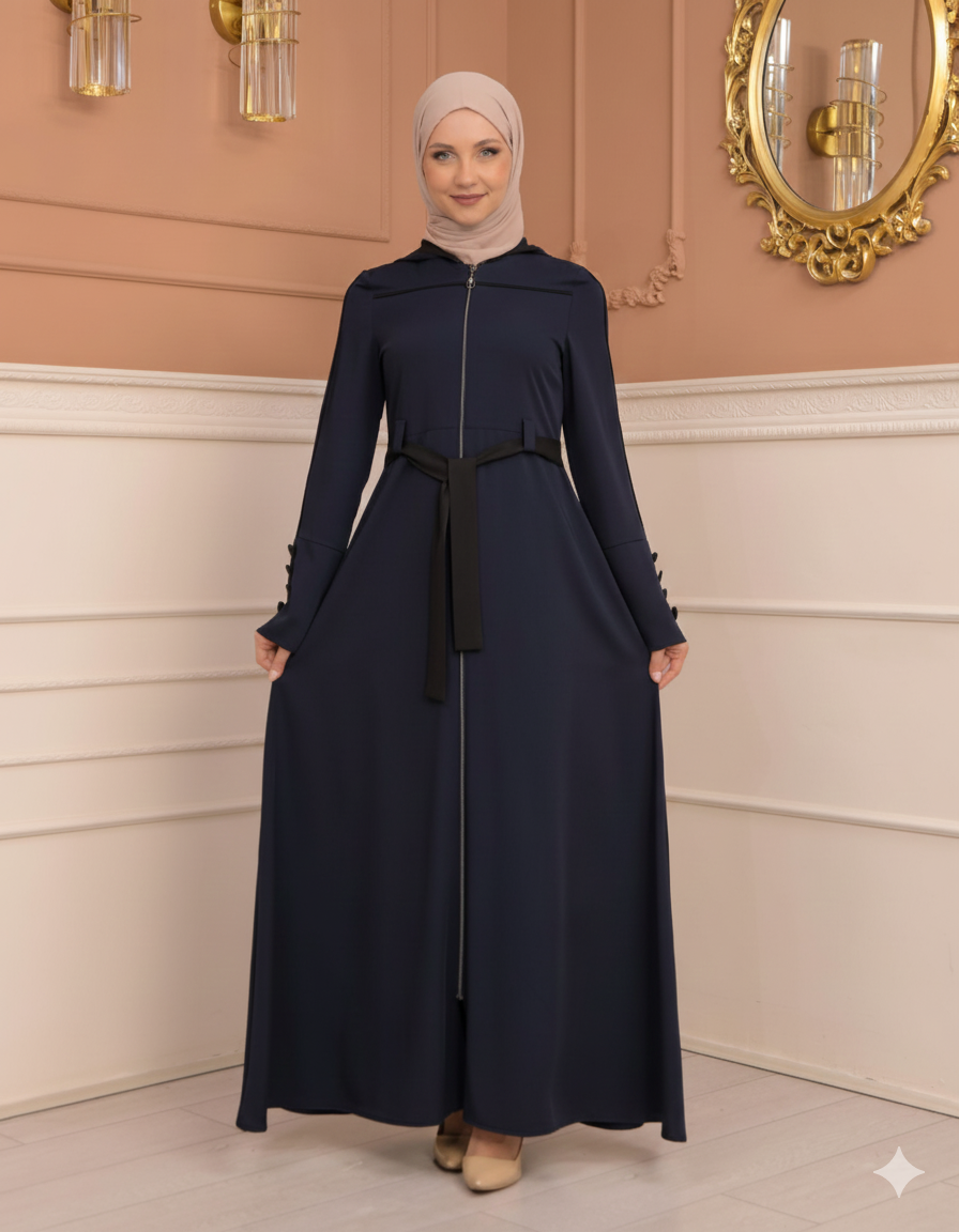 Weit schwingende Abaya mit marokkanischer Kapuze 699 - Dunkelblau