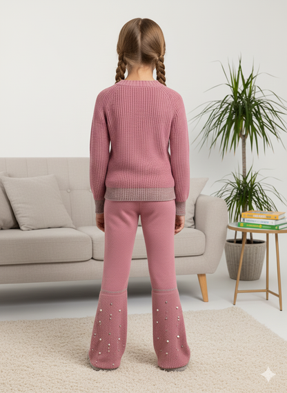 Mädchen Winter Strickset mit Perlenstickerei 3108 - Fuchsia