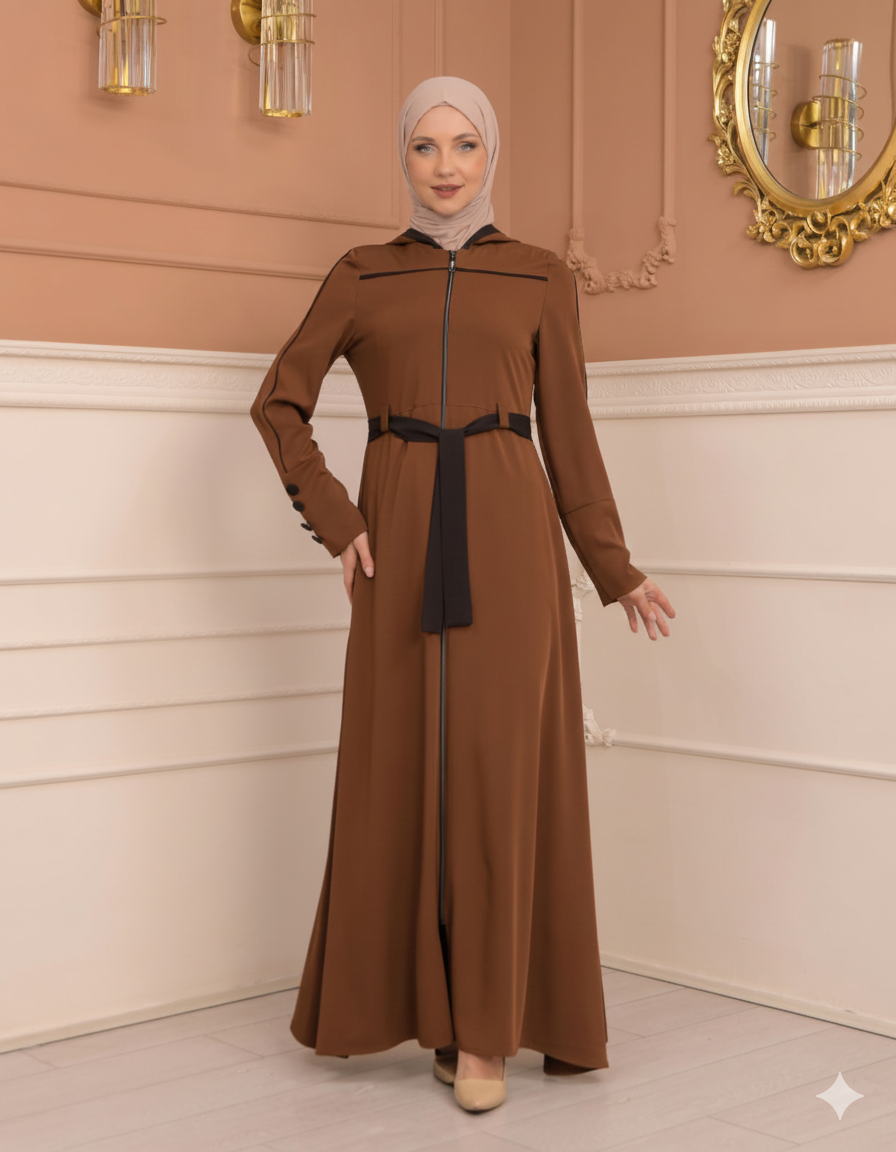 Weit schwingende Abaya mit marokkanischer Kapuze 699 - Cognac