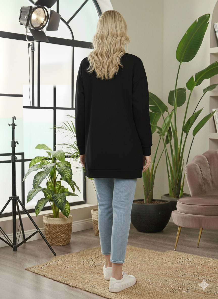 Langes Baumwoll-Sweatshirt mit modischem Print 103 - Schwarz