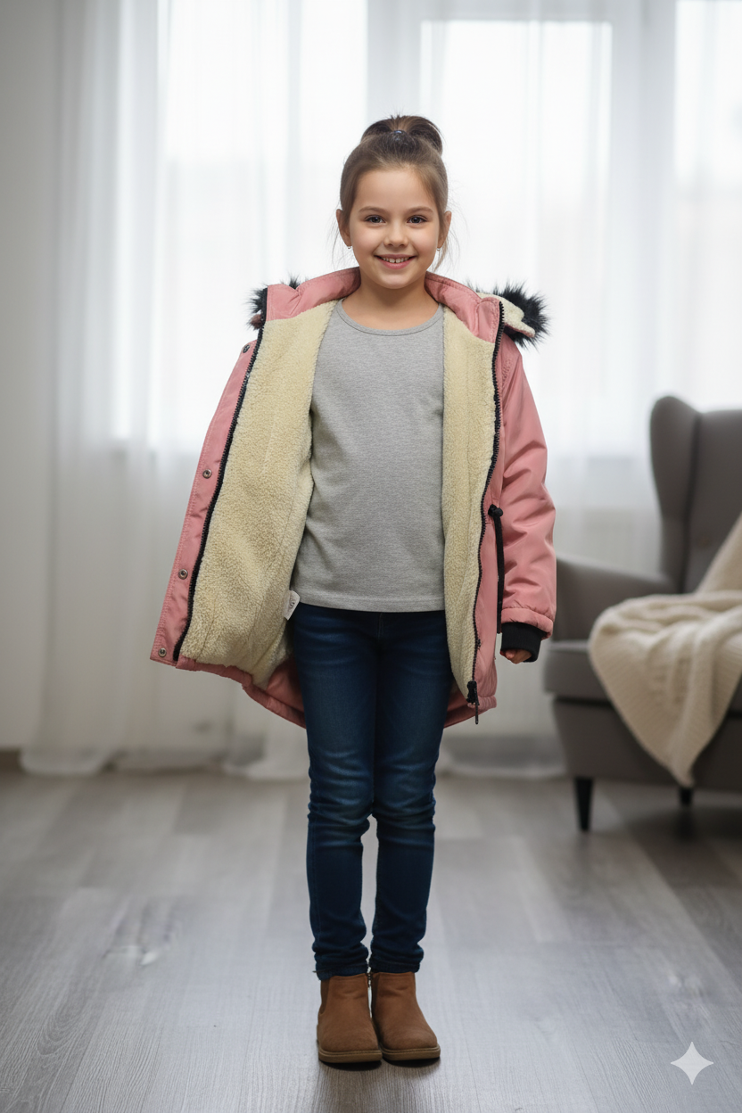 Mit Pelz gefütterte Kinder-Leinenjacke 5136 - Rosa