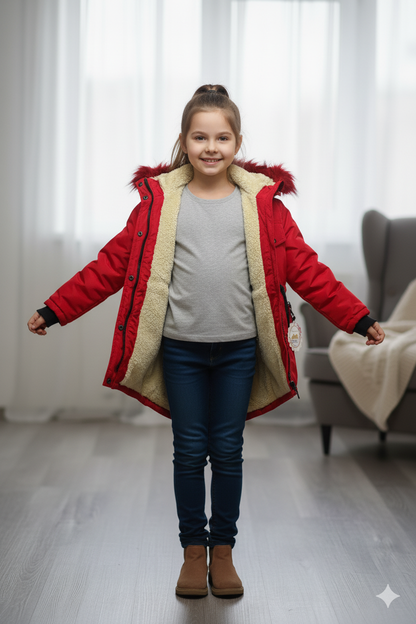 Mit Pelz gefütterte Kinder-Leinenjacke 5136 - Rot