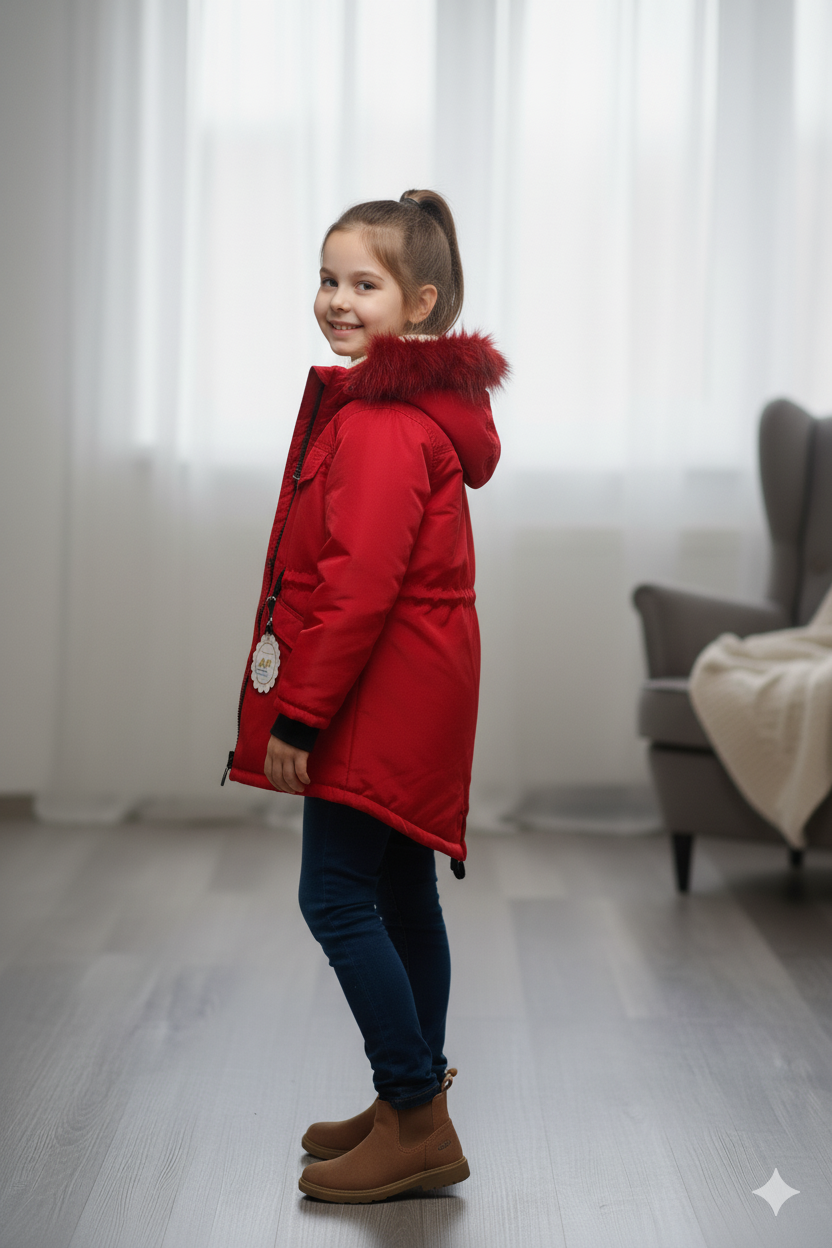 Mit Pelz gefütterte Kinder-Leinenjacke 5136 - Rot