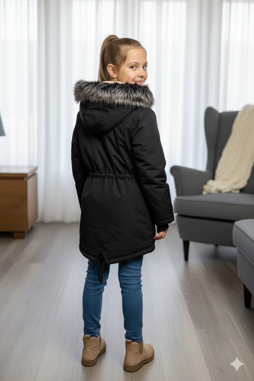 Mit Pelz gefütterte Kinder-Leinenjacke 5136 - Schwarz