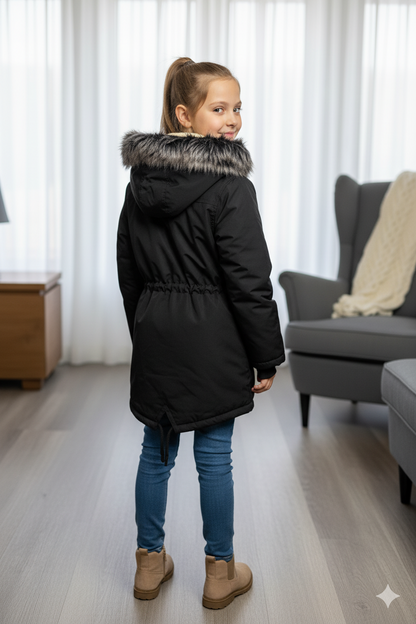 Mit Pelz gefütterte Kinder-Leinenjacke 5136 - Schwarz