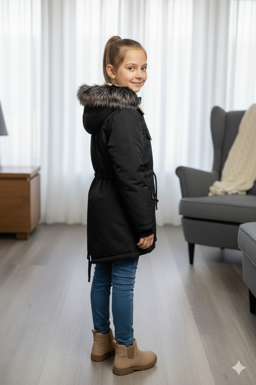 Mit Pelz gefütterte Kinder-Leinenjacke 5136 - Schwarz