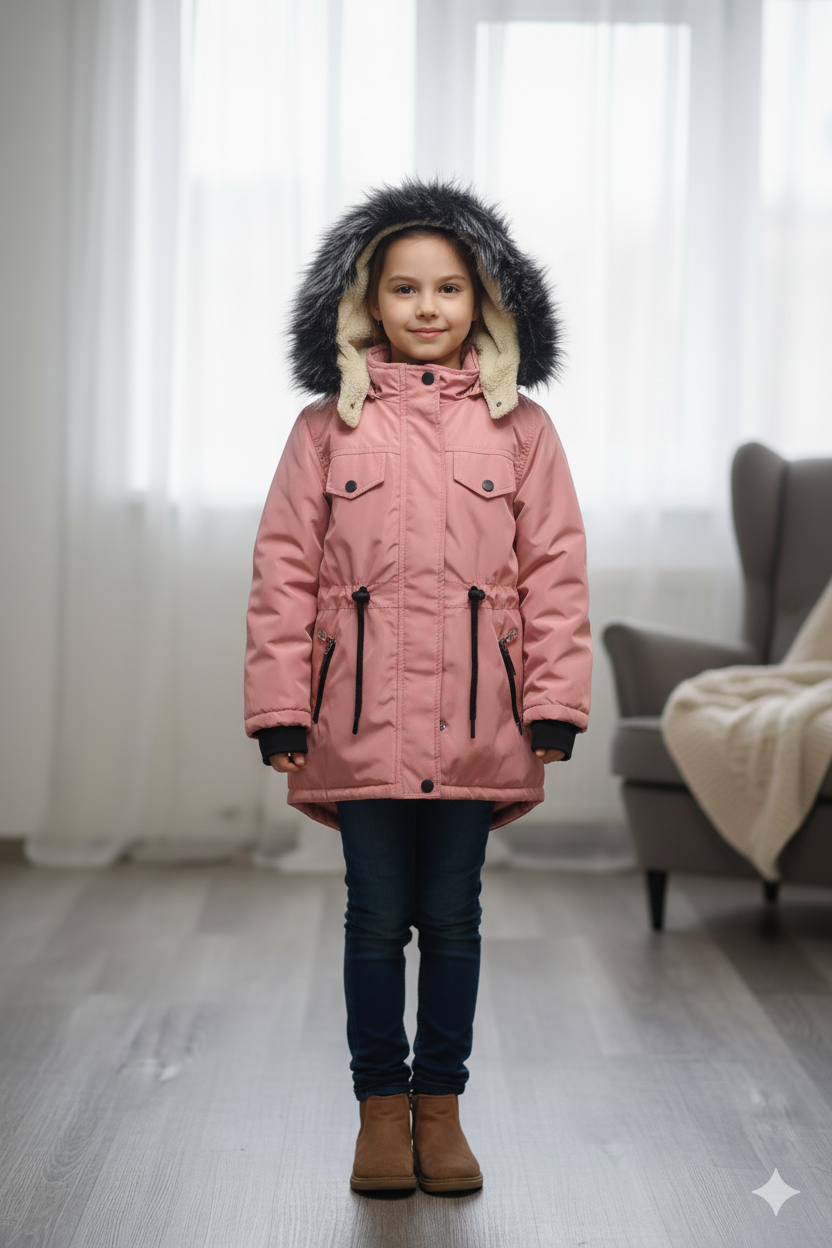 Mit Pelz gefütterte Kinder-Leinenjacke 5136 - Rosa