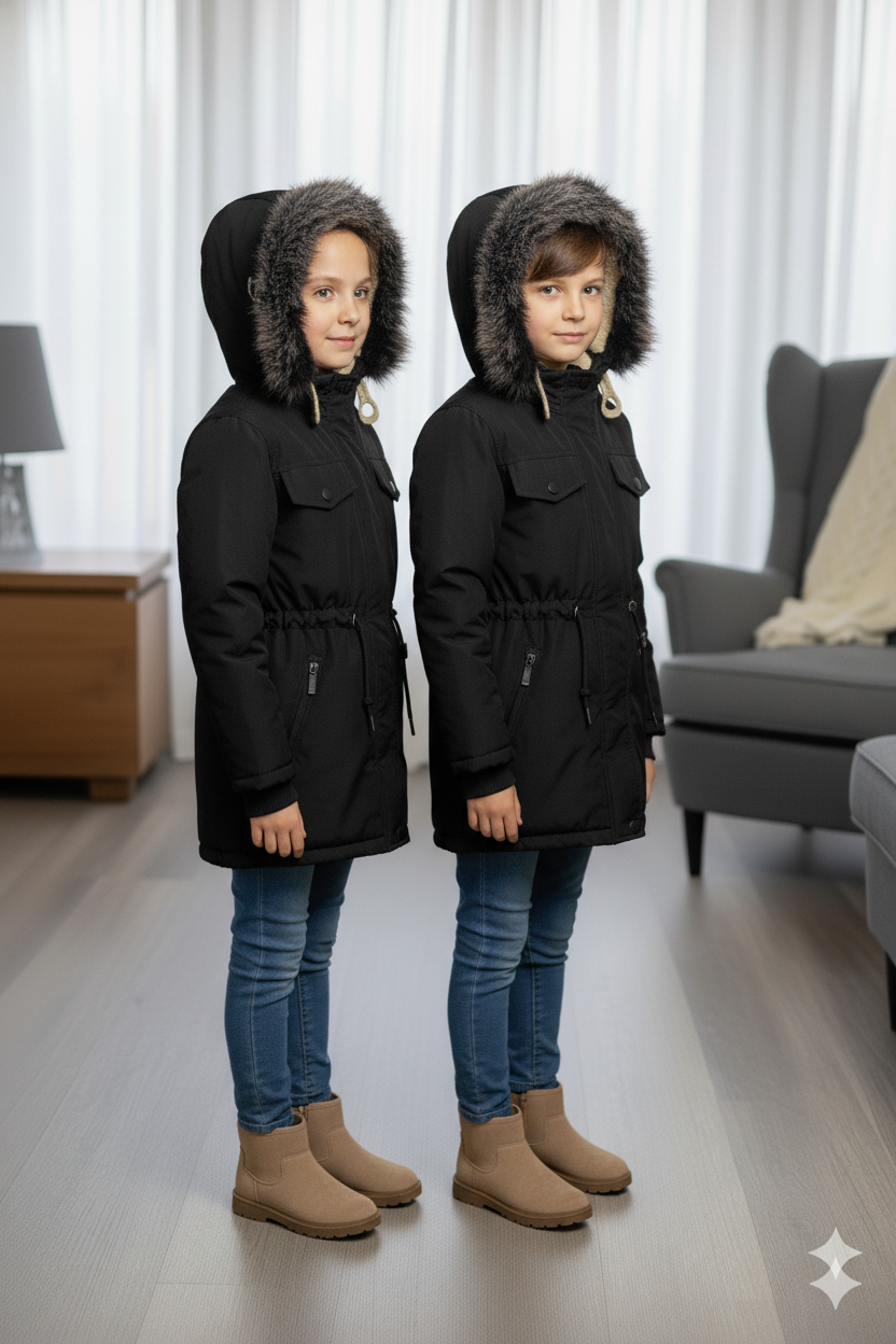 Mit Pelz gefütterte Kinder-Leinenjacke 5136 - Schwarz