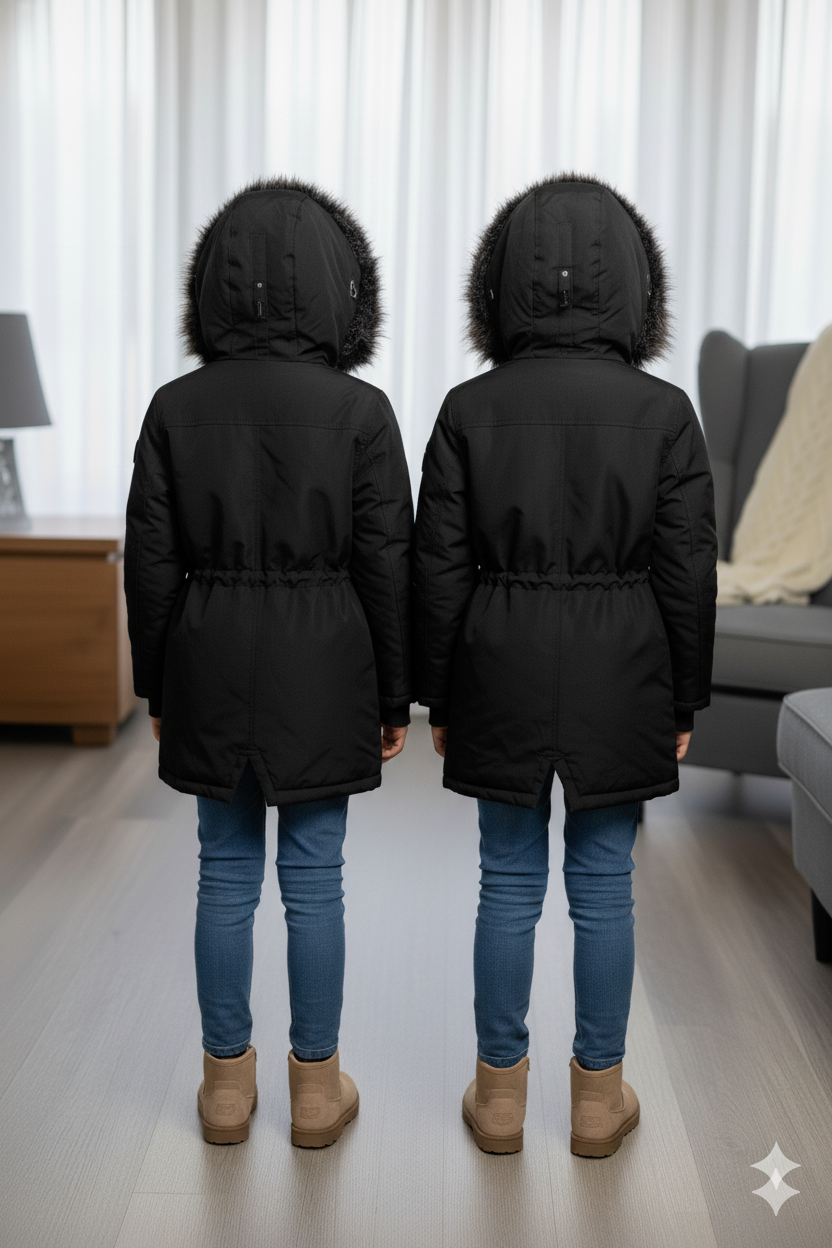 Mit Pelz gefütterte Kinder-Leinenjacke 5136 - Schwarz