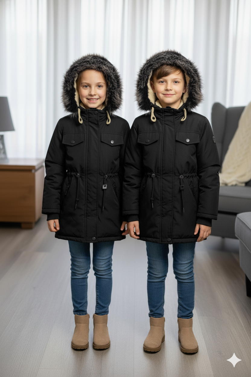 Mit Pelz gefütterte Kinder-Leinenjacke 5136 - Schwarz