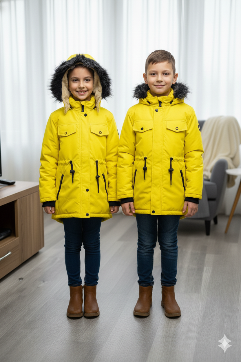 Mit Pelz gefütterte Kinder-Leinenjacke 5136 - Gelb
