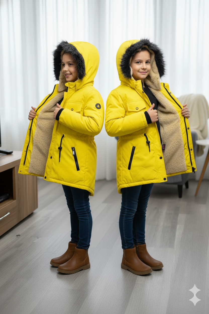 Mit Pelz gefütterte Kinder-Leinenjacke 5136 - Gelb