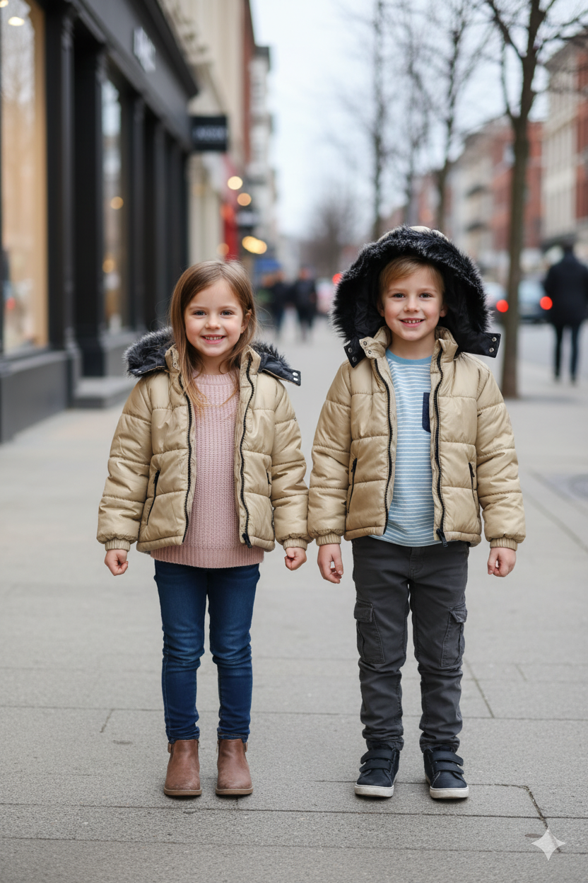 Mit Fell gefütterte Dacron-Pufferjacke für Kinder 5146 - Beige