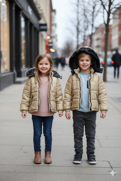 Mit Fell gefütterte Dacron-Pufferjacke für Kinder 5146 - Beige