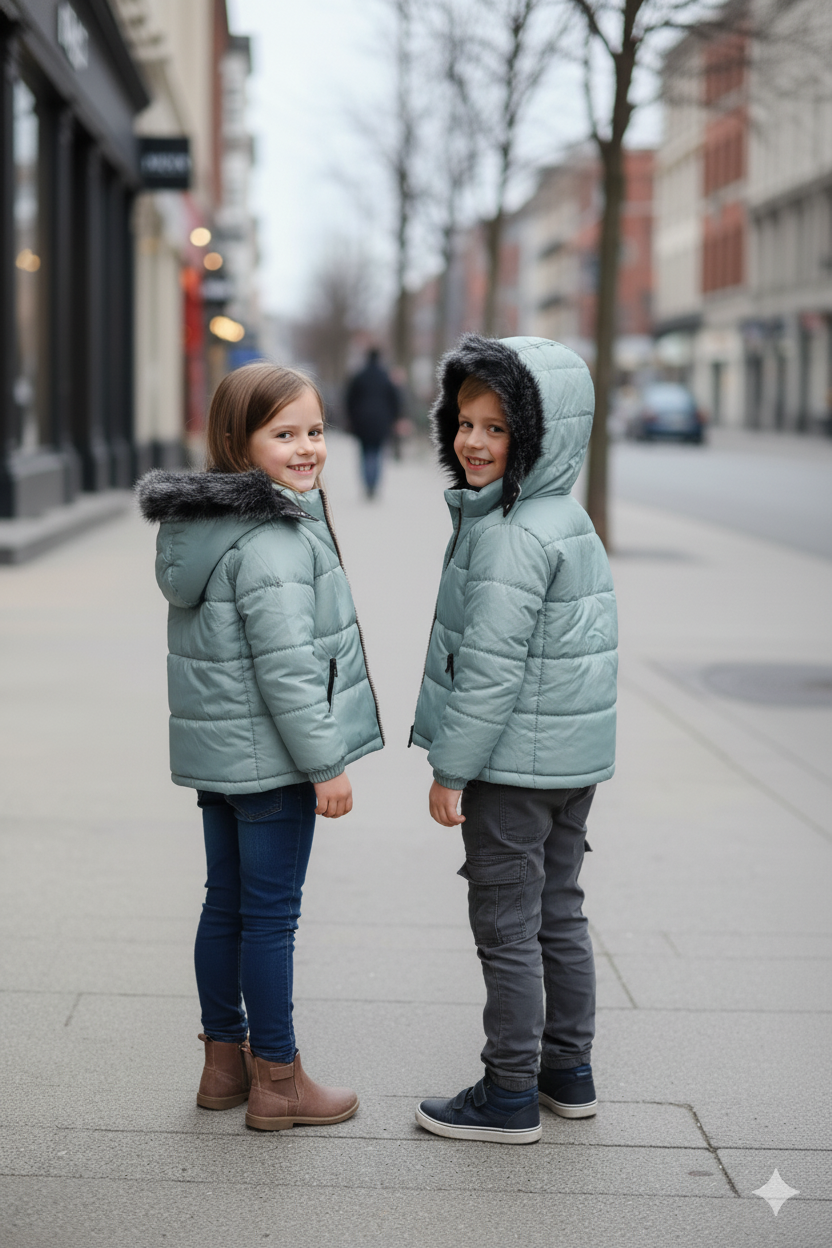 Mit Fell gefütterte Dacron-Pufferjacke für Kinder 5146 - Mint