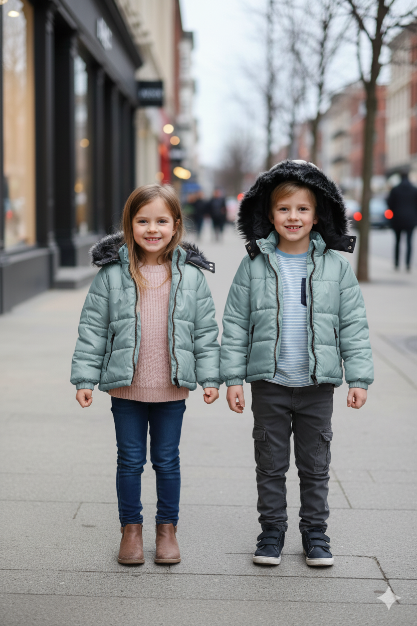 Mit Fell gefütterte Dacron-Pufferjacke für Kinder 5146 - Mint