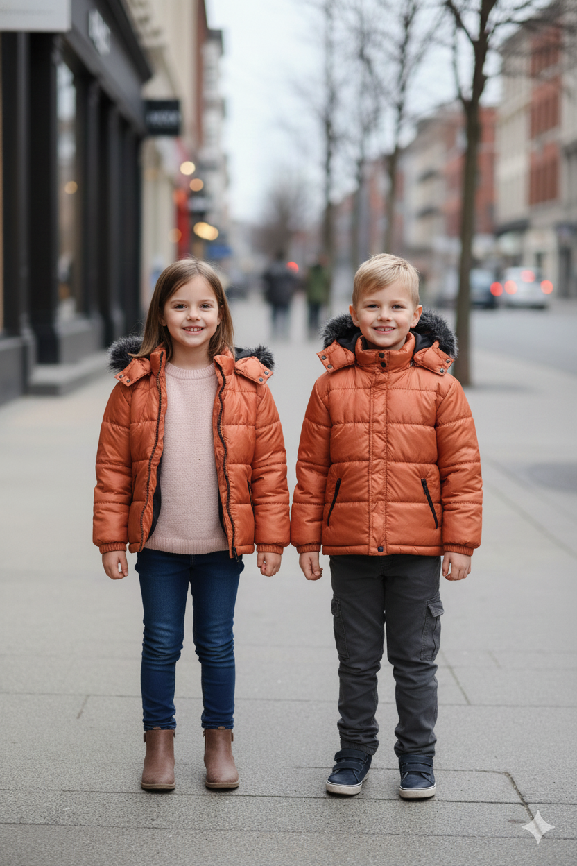 Mit Fell gefütterte Dacron-Pufferjacke für Kinder 5146 - Ziegelrot