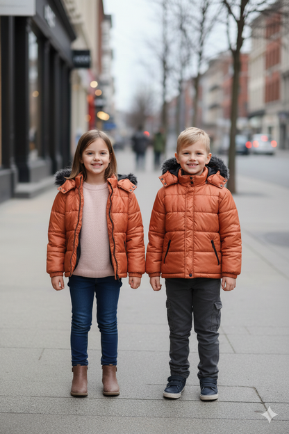 Mit Fell gefütterte Dacron-Pufferjacke für Kinder 5146 - Ziegelrot