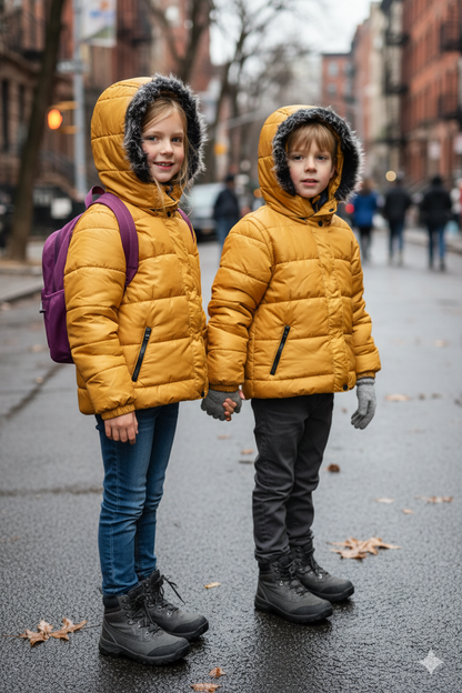 Mit Fell gefütterte Dacron-Pufferjacke für Kinder 5146 - Gelb