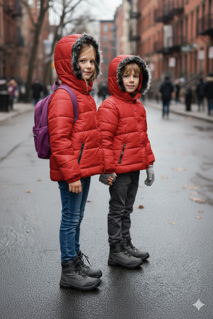 Mit Fell gefütterte Dacron-Pufferjacke für Kinder 5146 - Rot