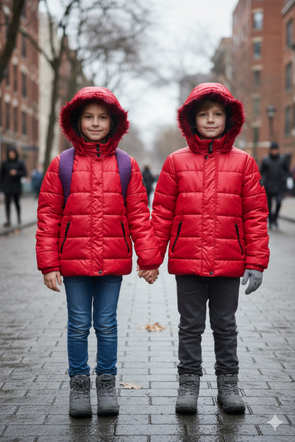 Mit Fell gefütterte Dacron-Pufferjacke für Kinder 5146 - Rot
