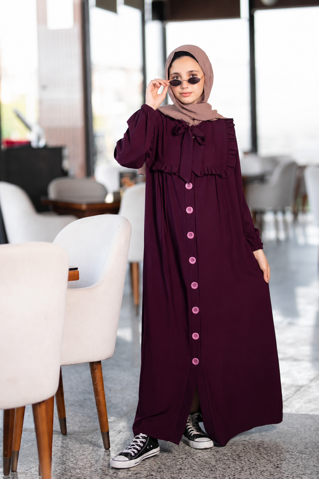 726  عباية صدر كشكش - Aubergine