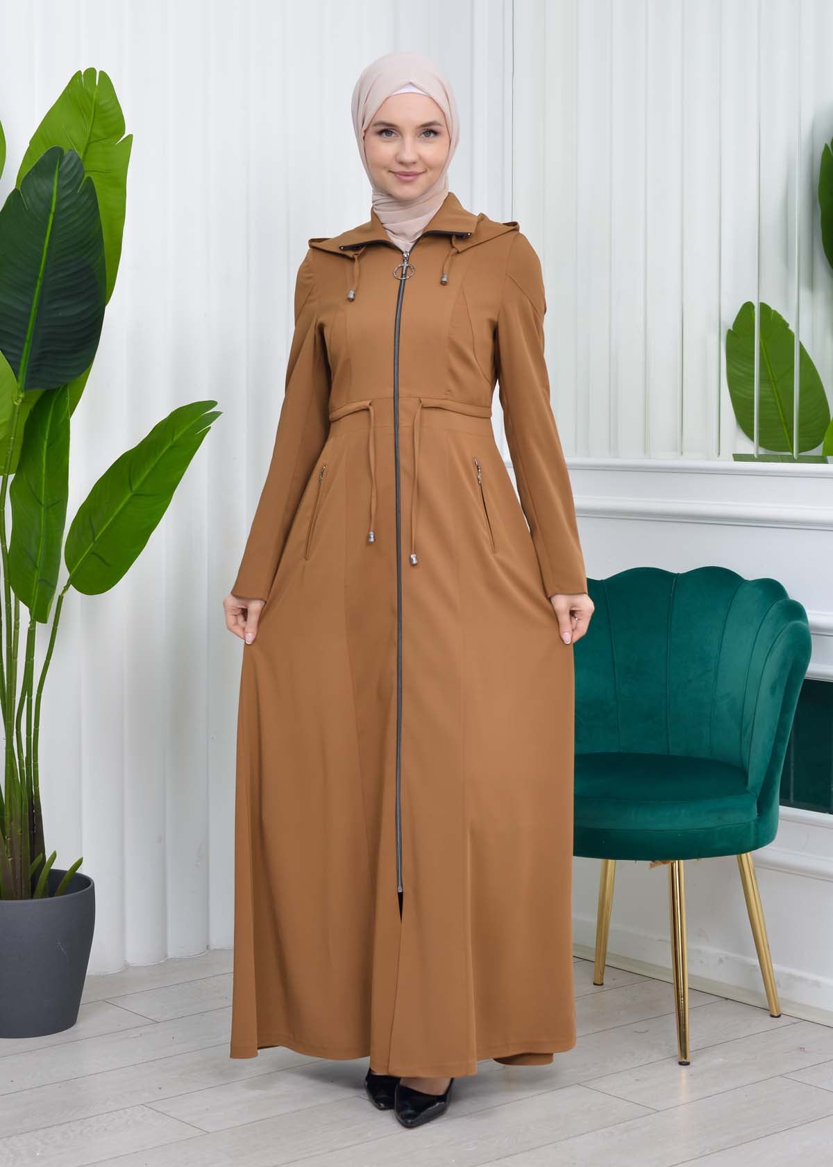 Damen Brada Frühlings-/Sommermantel mit Reißverschluss und Kapuze 1200 - Cognac