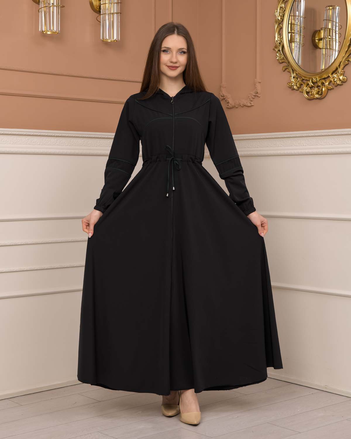 Weite Double-Cloche Abaya mit marokkanischer Kapuze 605 - Khaki