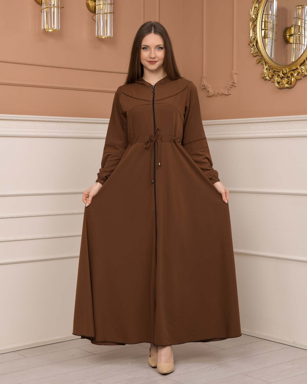 Weite Double-Cloche Abaya mit marokkanischer Kapuze 605 - Cognac