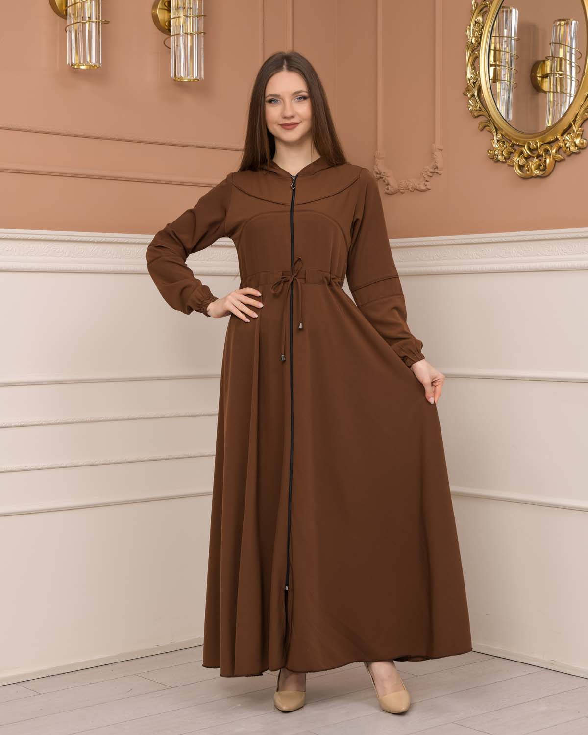Weite Double-Cloche Abaya mit marokkanischer Kapuze 605 - Cognac