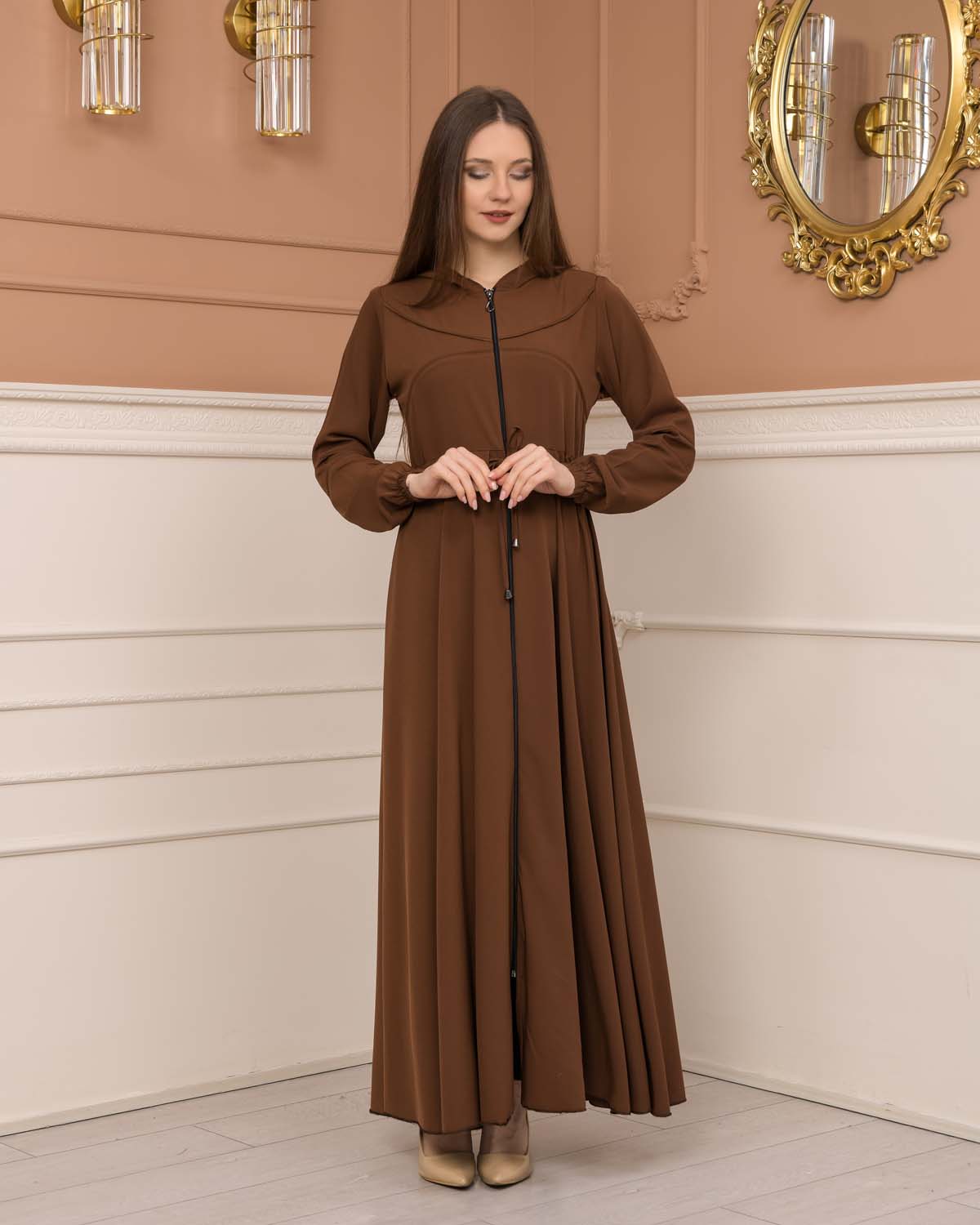 Weite Double-Cloche Abaya mit marokkanischer Kapuze 605 - Cognac