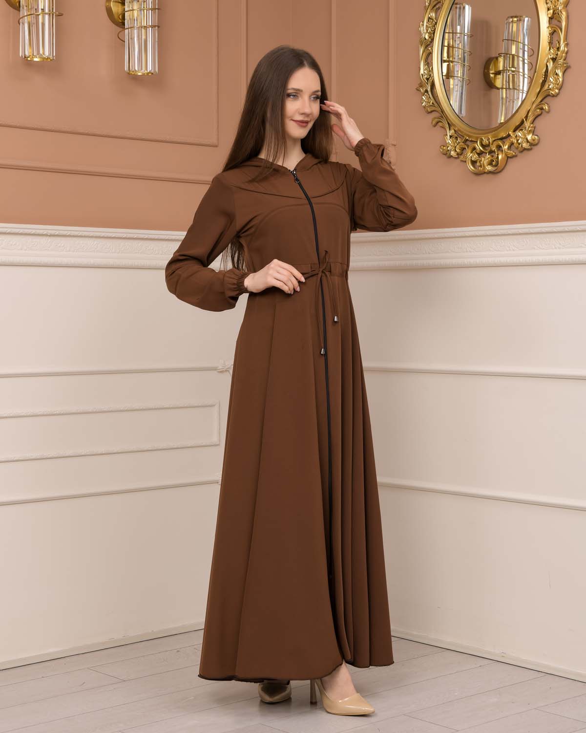 Weite Double-Cloche Abaya mit marokkanischer Kapuze 605 - Cognac