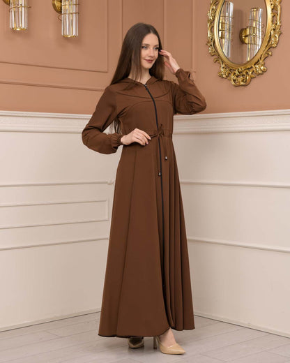 Weite Double-Cloche Abaya mit marokkanischer Kapuze 605 - Cognac