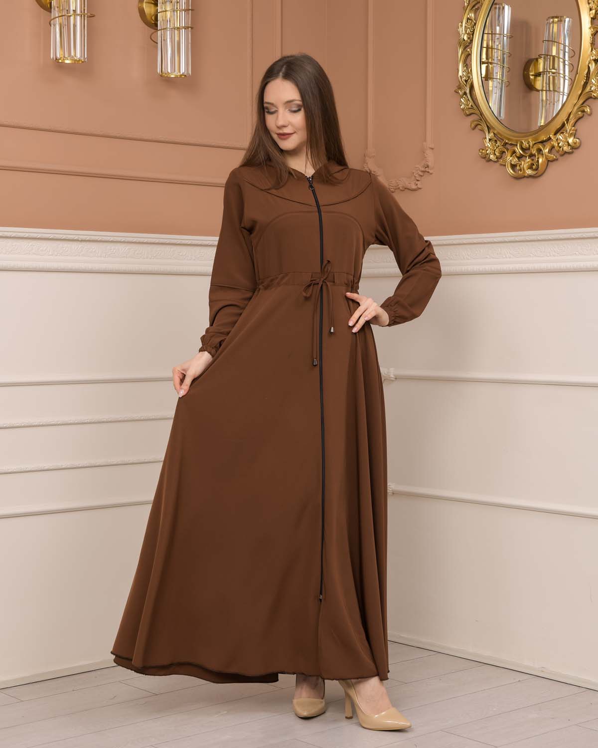 Weite Double-Cloche Abaya mit marokkanischer Kapuze 605 - Cognac
