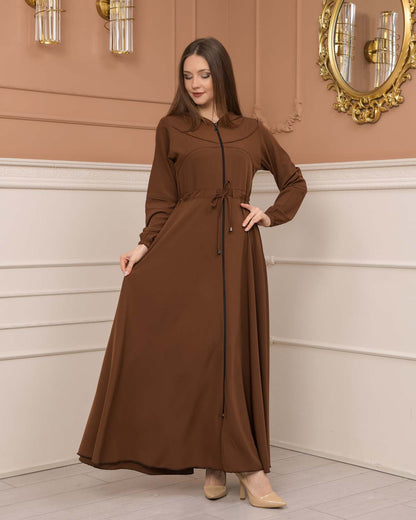 Weite Double-Cloche Abaya mit marokkanischer Kapuze 605 - Cognac