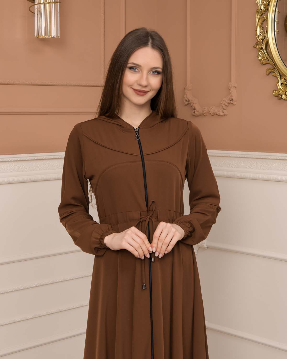 Weite Double-Cloche Abaya mit marokkanischer Kapuze 605 - Cognac